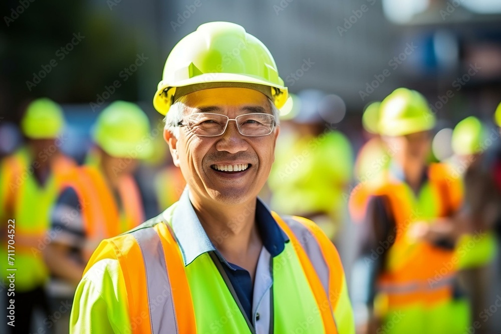 Smiling Construction Manager with Team in Background Smiling Construction Manager with Team in Background