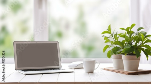 Tranquil Workspace with Technology and Greenery