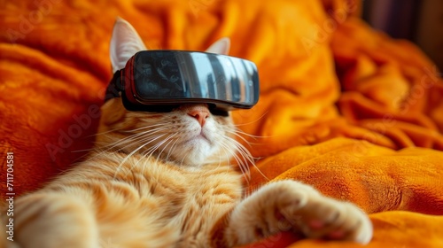 a Cat using virtual reality glasses while lying on bed