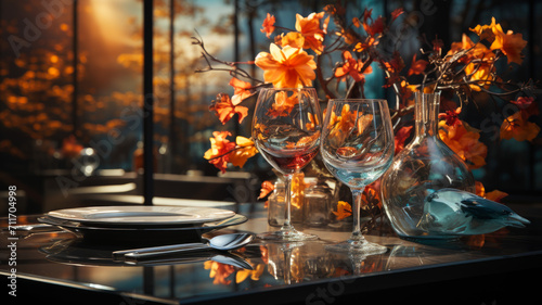 Elegant Fine Dining Experience  Sophisticated Table Setting with Crystal Glassware and Vibrant Floral Centerpieces - Upscale Restaurant and Luxury Tableware Concept - AI Generated