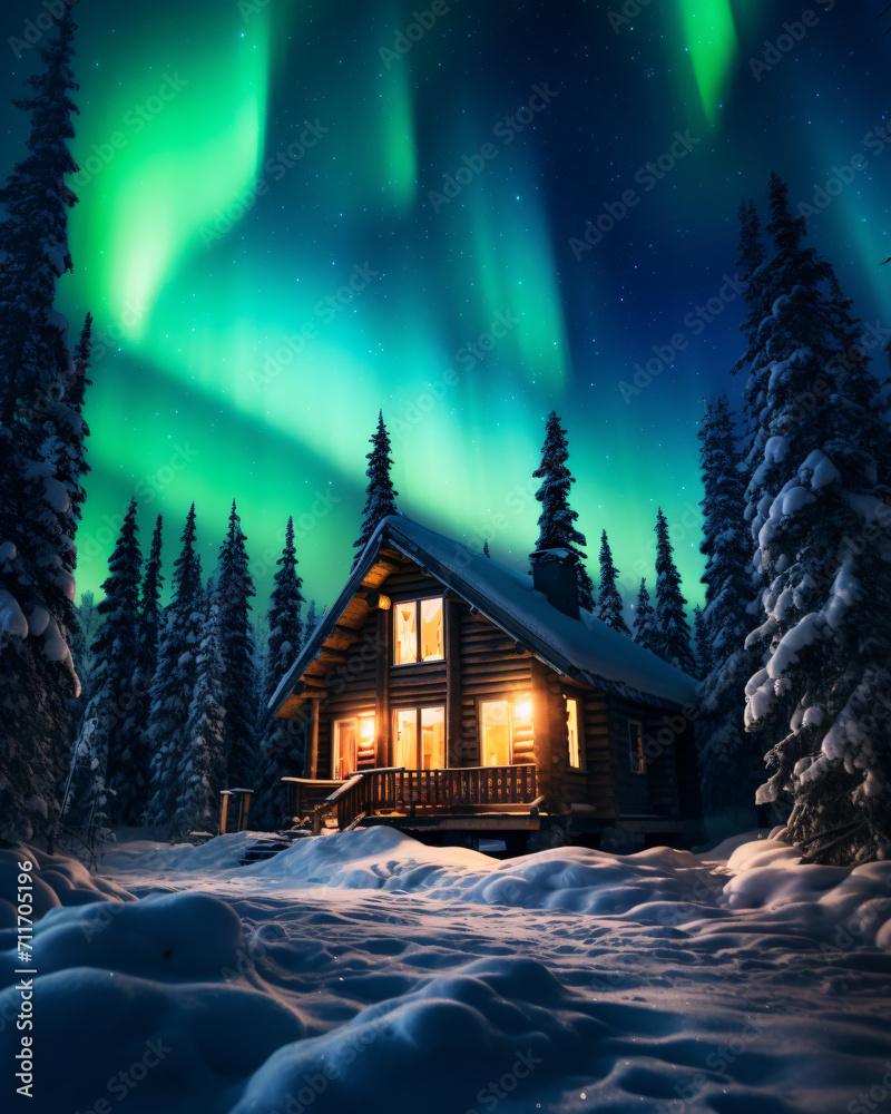 Lodge with the northern lights, in the style of whimsical landscapes, cabincore

