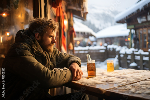 The person sitting, in the style of light orange and light amber, absinthe culture, photo taken with nikon d750, mountainous vistas, lively tavern scenes, wimmelbilder, hard edge

