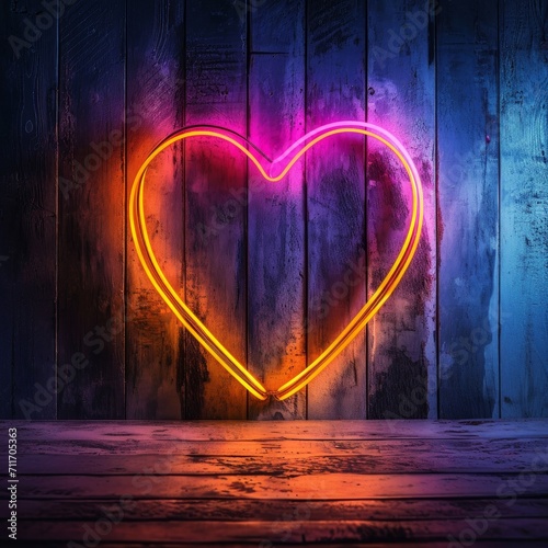 neon light heart on wooden background