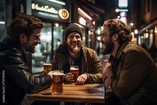 Several friends drinking beer in the street at night, in the style of soft atmospheric light, cartelcore, sigma 85mm f/1.4, lively tableaus, handsome

 photo