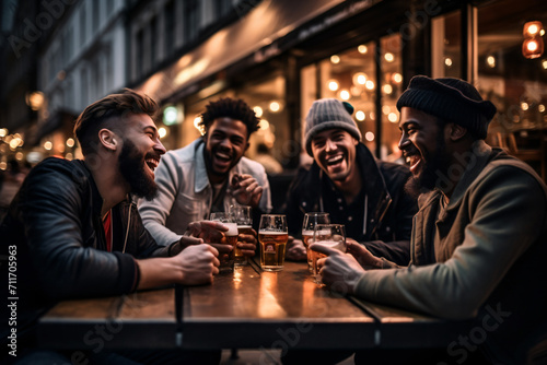 Several friends drinking beer in the street at night, in the style of soft atmospheric light, cartelcore, sigma 85mm f/1.4, lively tableaus, handsome

 photo