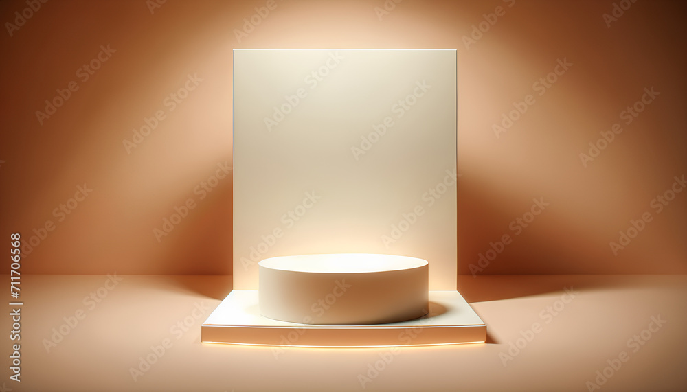 Fototapeta premium images of a modern, minimalist product display podium set in a soft sky environment, illuminated by ambient light. The design is clean, contemporary, and inviting, perfect for showcasing premium produ
