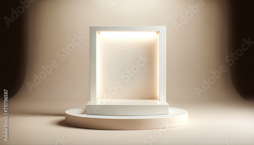 images of a modern, minimalist product display podium set in a soft sky environment, illuminated by ambient light. The design is clean, contemporary, and inviting, perfect for showcasing premium produ