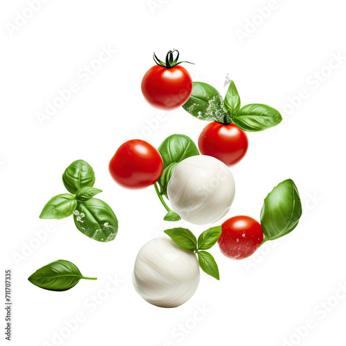 levitation of cherry tomatoes, basil leaves and mozzarella on a white isolated background