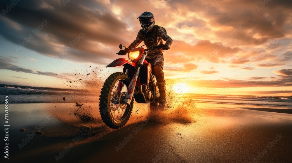 Silhouette rider riding motor big bike on beach at sunset, summer travel concept