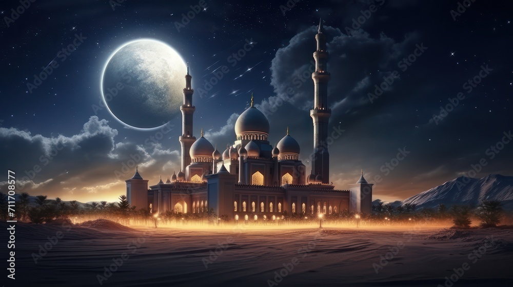 Obraz premium Domed mosque at night with moonlight, background illustration copy space Islamic holidays and the month of Ramadan.