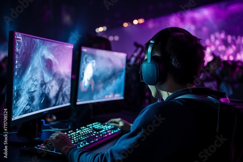 Gamer focused on screens, outlined in blue and purple light. 