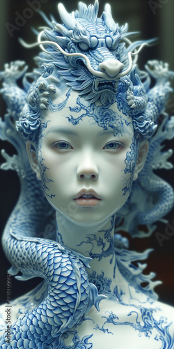 Womans face of white and blue porcelain framed with a Chinese dragon - Generative AI