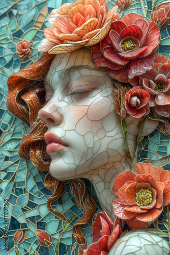 Intrinsic art nouveau pate de verre / molten glass head sculpture with flowers - Generative AI