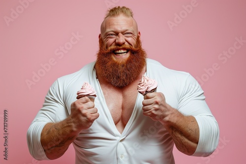 A chubby bodybuilder with massive arms, smiling with a cupcake pink background