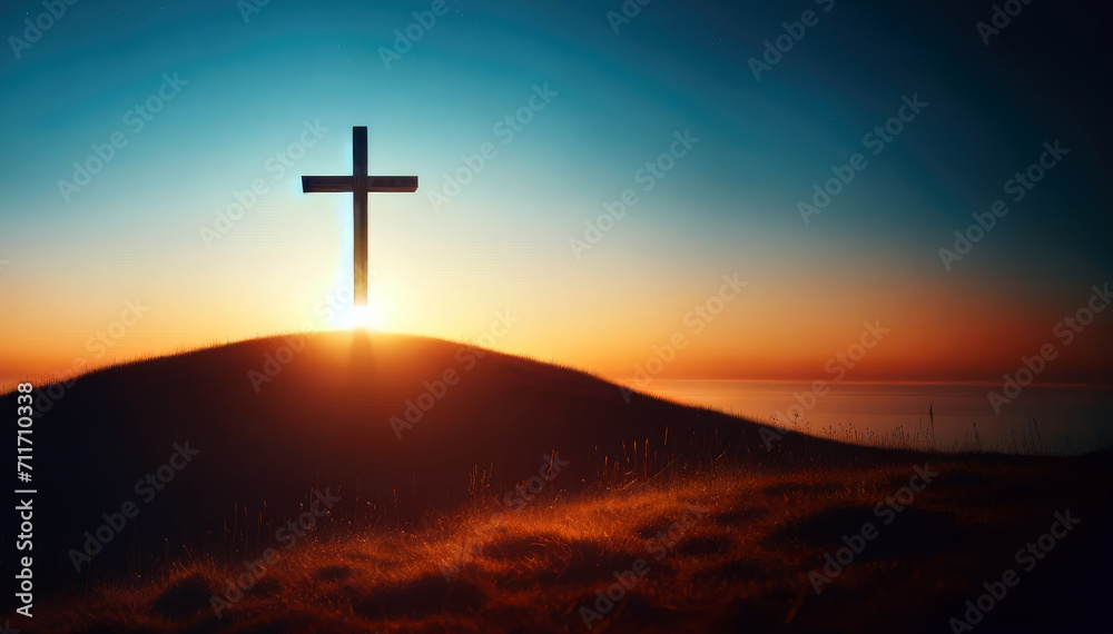 Easter Sunrise with Cross on the Horizon - Symbol of Hope