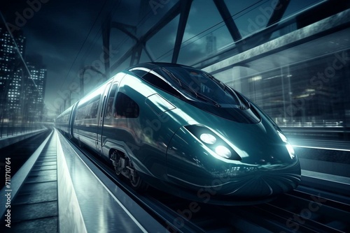High-speed electric train in a futuristic city. Generative AI