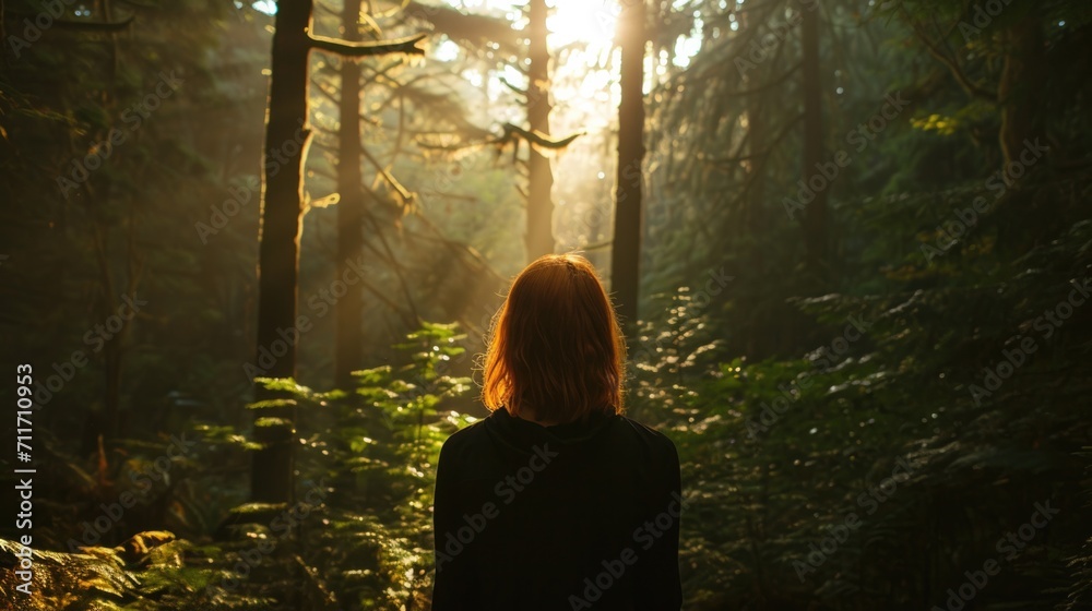 Woman facing away, standing in a dense forest with sunlight filtering through the tall trees generative ai Woman facing away, standing in a dense forest with sunlight filtering through the tall trees generative ai