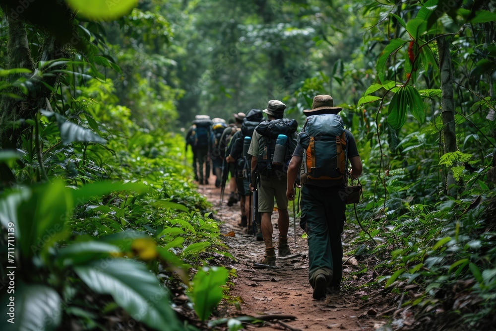 Into the Wilderness: Adventure Unfolds as a Group of Trekkers Walks on Amazon Rainforest Paths, Surrounded by the Diverse Ecosystem and Tropical Beauty.

