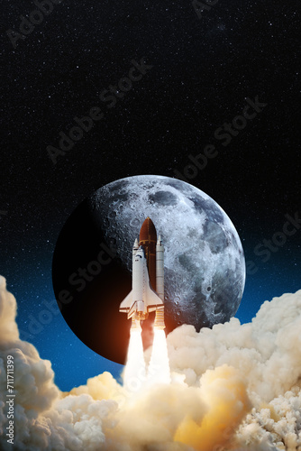 Fototapeta Naklejka Na Ścianę i Meble -  Spaceship lift off. Space shuttle with smoke and blast takes off into space on a background of full moon. Elements of this image furnished by NASA.