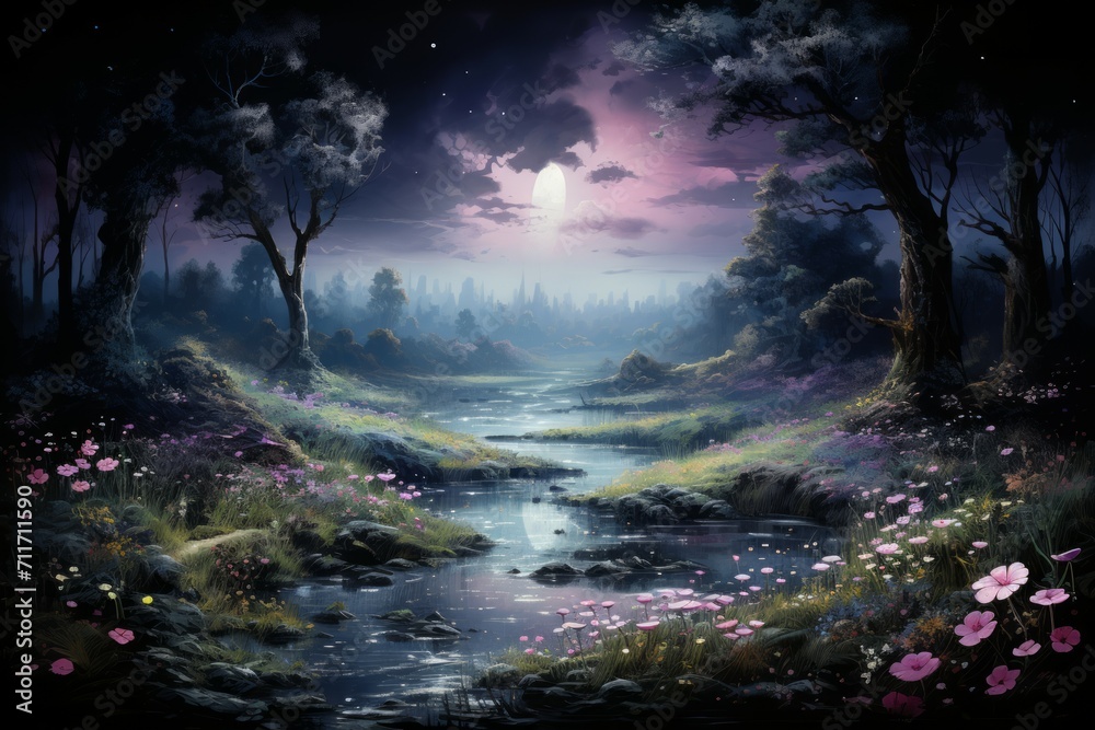 Fototapeta premium Serene Moonlit Meadows - Generative AI