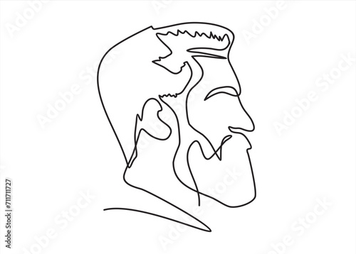 Continuous one line drawing of man portrait. Hairstyle of a beard mustache bangs. Fashionable men's style.