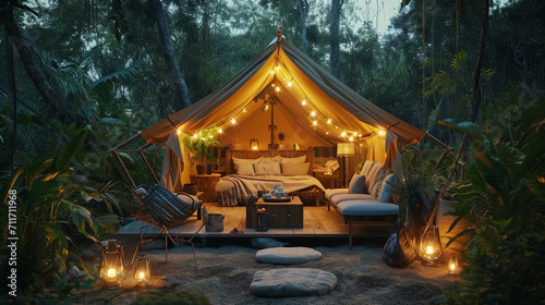 glamorous camping scene in a lush forest, with a lavish tent, adorned with fairy lights, a plush seating area, and a small outdoor kitchen, at dusk