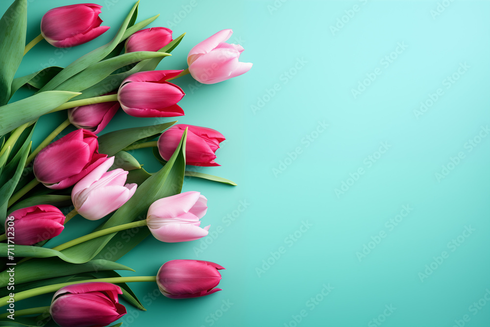 Pink and purple tulip flowers bouquet on blue background with copy space