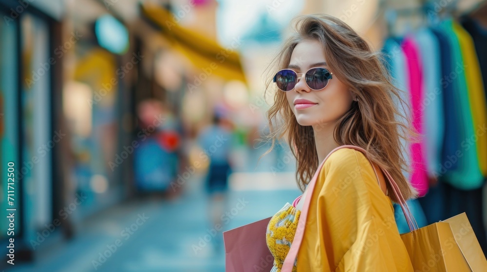 Modern happy Female lifestyle fashion portrait. beautiful attractive young woman girl enjoy stylish walk with shopping bag packages on the street, trendy outfit on shopping mall, browse product