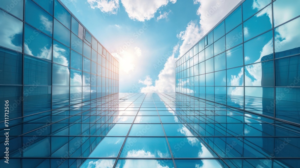 Modern office building or business center. High-rise window buildings made of glass reflect the clouds and the sunlight. empty street outside  wall modernity civilization. growing up business
