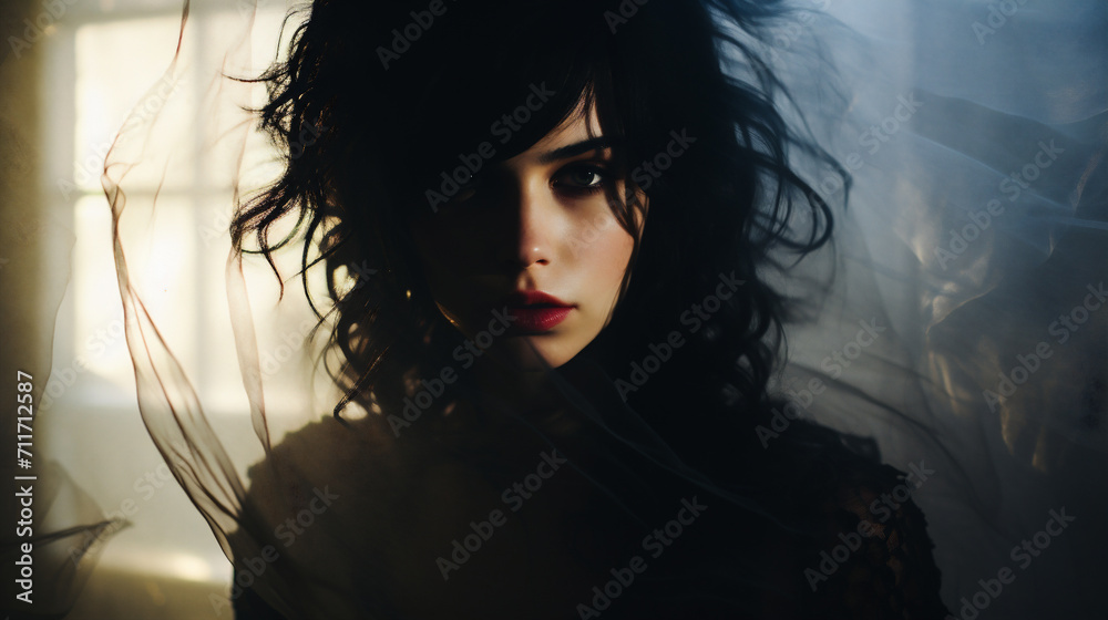 Portrait of a beautiful brunette woman with long curly hair. Portrait of a beautiful brunette woman with long curly hair.