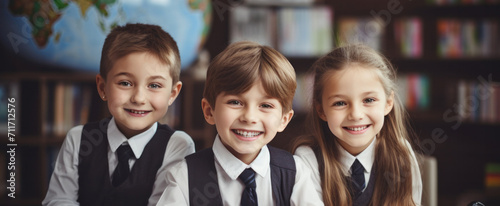 primary elementary school group of children studying in the classroom. learning and sitting at the desk. young cute kids smiling,