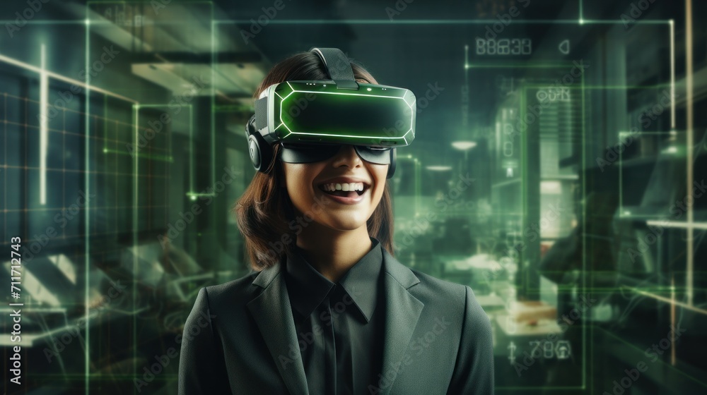 Smiling businesswoman in green sweater is wearing vr helmet. Digital interface in 3d glasses. Concept of future technology, interaction and entertainment playing game in virtual reality