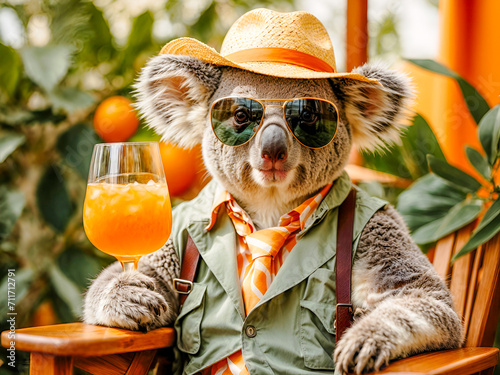 Funny koala wearing summer straw hat and stylish sunglasses, holding glasses with cocktail drinks on chair. Created with generative Ai © Alanh
