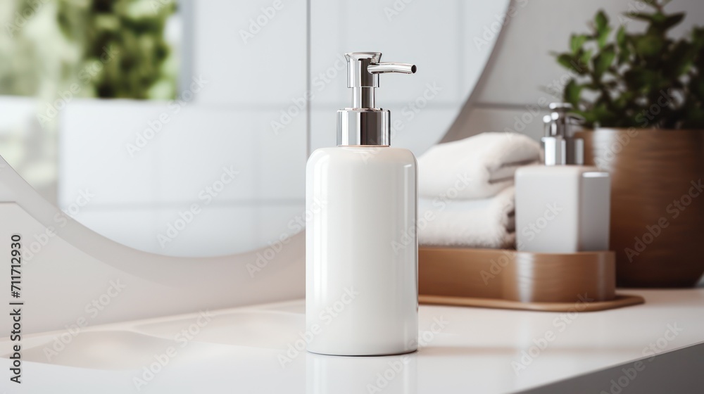 Soap bottle on modern clean bathroom hand washing sink. With interior potted plant decoration
