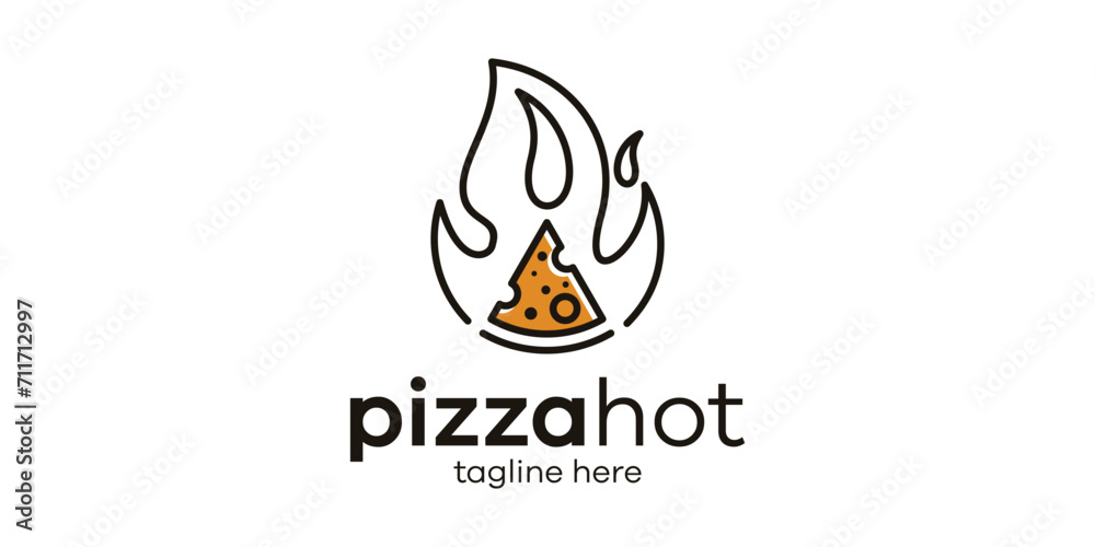 logo design combination of pizza shape with fire, hot pizza logo design, minimalist lines.