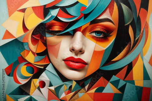 Abstract beautiful woman portrait in modern cubism style . Colorful 3d Art. Poster © irenastar