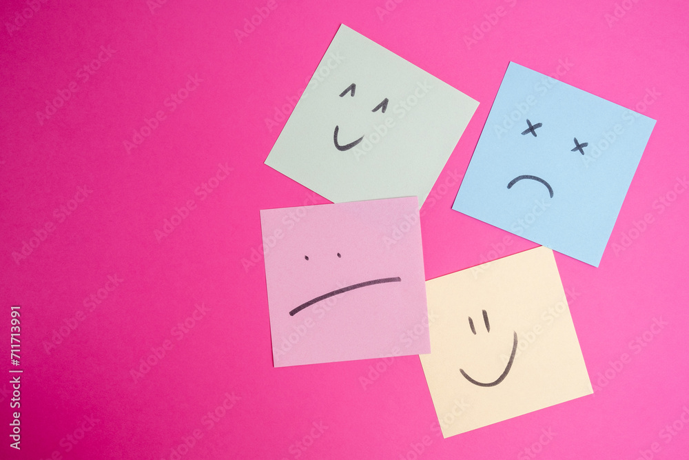 Paper cards with various emoticons on a colored background, banner and place for text. Conceptual image of positive thinking and satisfaction level