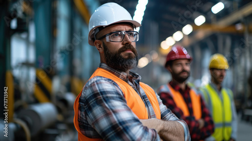 Group of construction workers in a manufacturing setting, with a focus on a bearded man in the foreground