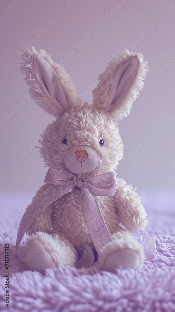 Obraz premium Plush bunny toy with a bow on a purple background. Concept of children's comfort and toys. Vertical format.