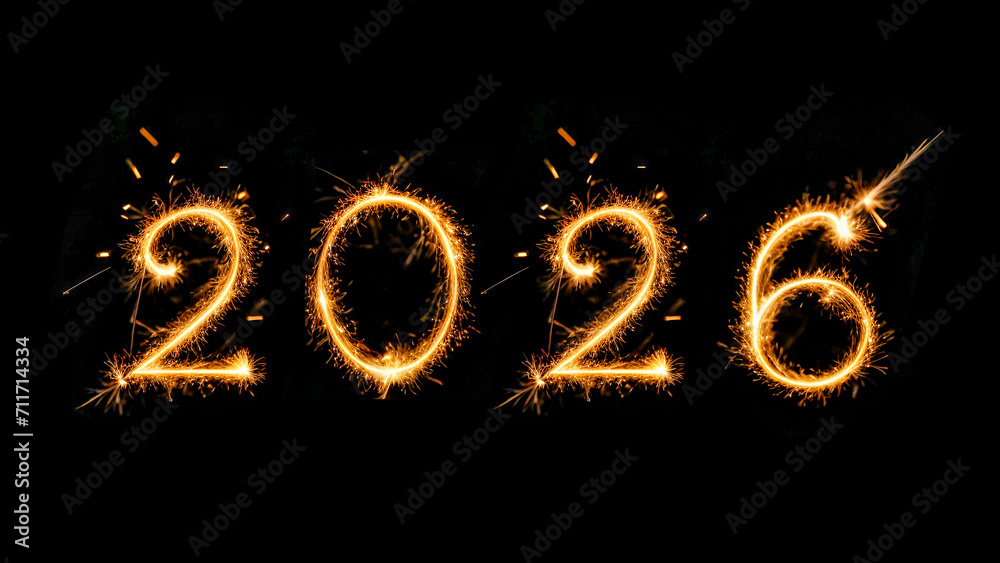 Happy New Year 2026, Sparkling burning text Happy New Year 2026 isolated on black background Happy New Year 2026, Sparkling burning text Happy New Year 2026 isolated on black background