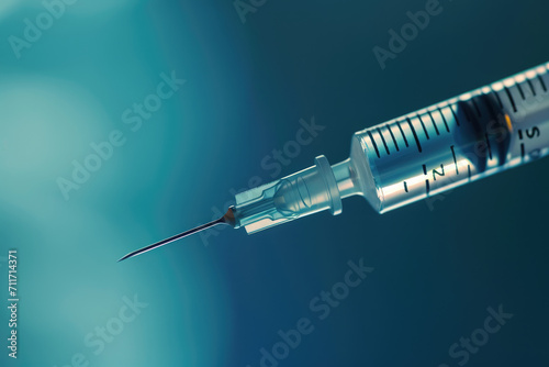 Close-up image of a medical syringe with a sharp needle and blue liquid, set against a blurred grey background emphasizing vaccination and healthcare..