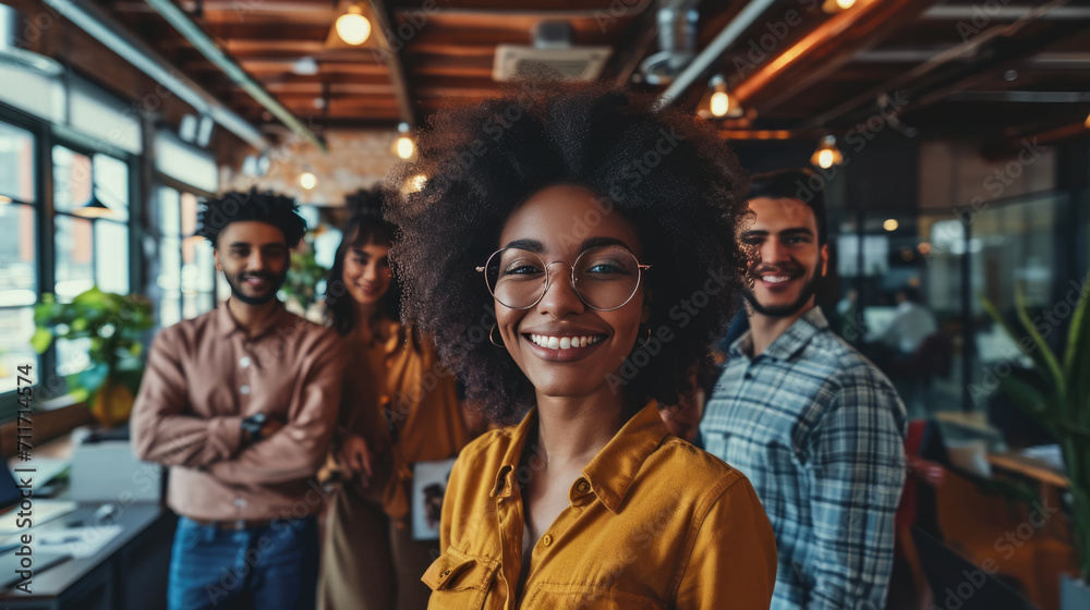 Diverse group of young adults smiling and posing against office background