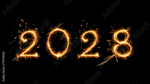 Happy New Year 2028, Sparkling burning text Happy New Year 2028 isolated on black background