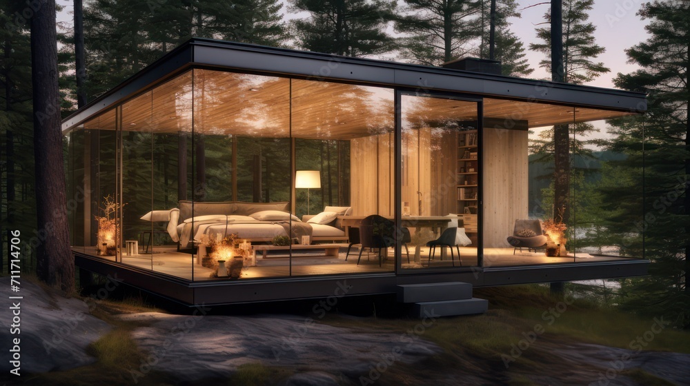 Fototapeta premium Outdoor forest rental cabin house, luxury glass cabin accommodation in the wild. Modern villa architecture lodging design.