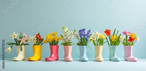 Rubber boots with flowers on a blue background. The concept of spring renewal.