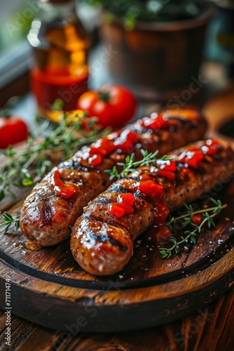 Sizzling Grilled Sausages Garnished with Herbs and Tomato Relish on a Rustic Wooden Board