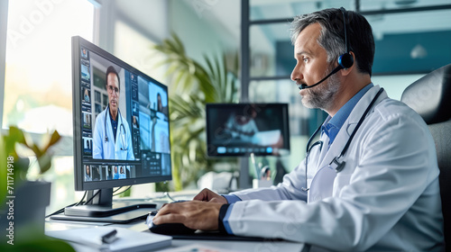 Capturing modern healthcare's evolution, a doctor conducting a virtual consultation with a patient, highlighting the role of technology in medical care. photo