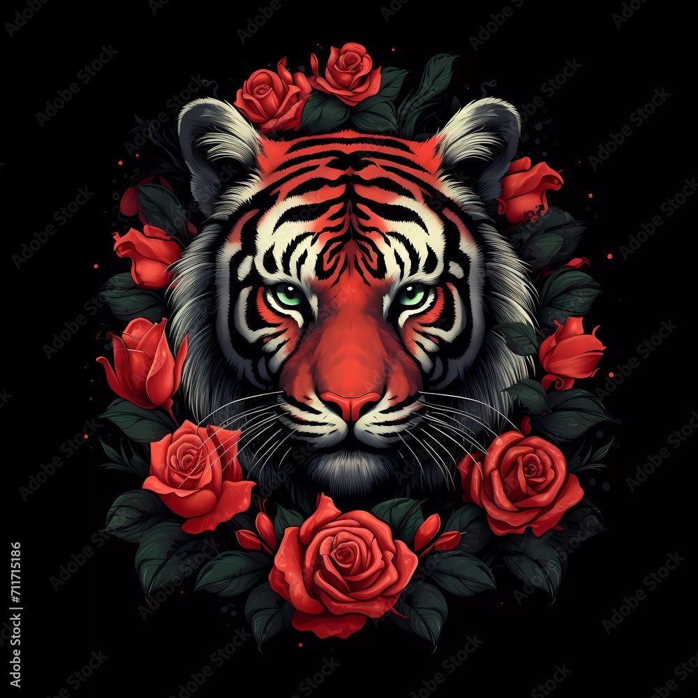 illustration of a tiger with red roses on a black background. generative ai