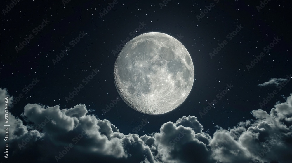 Amazing scenery of white glowing moon with craters in black sky with clouds at night