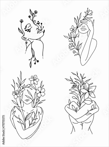 Feminine lady body face with flowers vector SVG outline